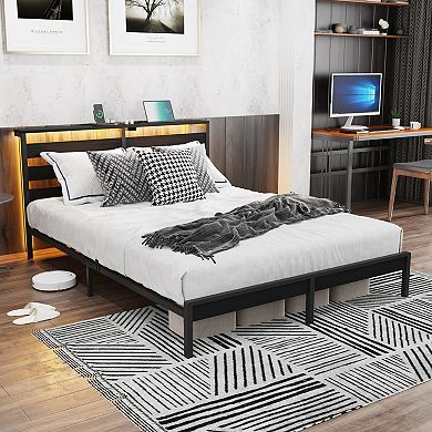 Pnronnc Full Platform Bed Frame with LED Charging Station Wooden Headboard Metal Frame Support