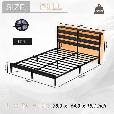 Pnronnc Full Platform Bed Frame with LED Charging Station Wooden Headboard Metal Frame Support