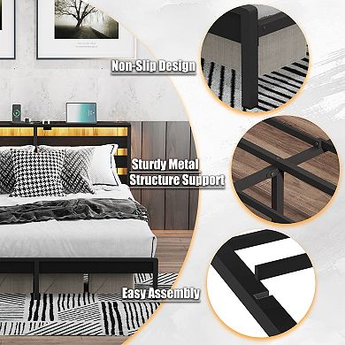 Pnronnc Full Platform Bed Frame with LED Charging Station Wooden Headboard Metal Frame Support