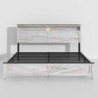 Pnronnc Wooden Platform Bed with Touch LED, Charging Ports, Storage Headboard, Metal Slats Support