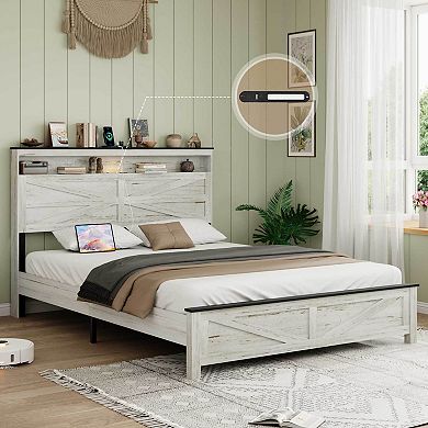 Pnronnc Wooden Platform Bed with Touch LED, Charging Ports, Storage Headboard, Metal Slats Support