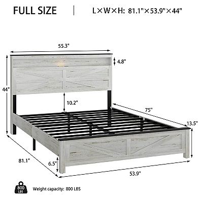 Pnronnc Wooden Platform Bed with Touch LED, Charging Ports, Storage Headboard, Metal Slats Support