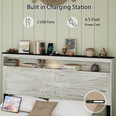 Pnronnc Wooden Platform Bed with Touch LED, Charging Ports, Storage Headboard, Metal Slats Support