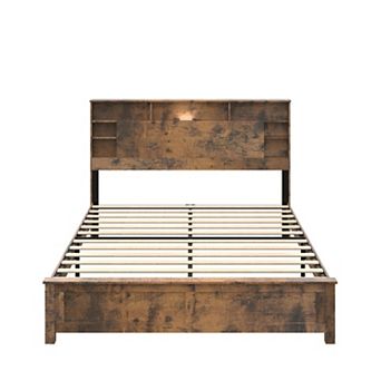 Pnronnc Wooden Platform Bed Frame with Touch LED Lights, Charging Station, Open Storage Headboard