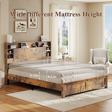 Pnronnc Wooden Platform Bed Frame with Touch LED Lights, Charging Station, Open Storage Headboard
