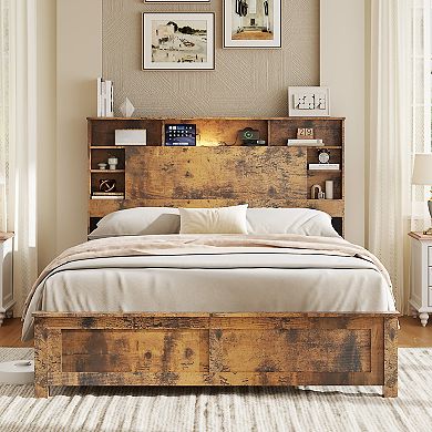 Pnronnc Wooden Platform Bed Frame with Touch LED Lights, Charging Station, Open Storage Headboard