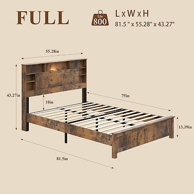 Pnronnc Wooden Platform Bed Frame with Touch LED Lights, Charging Station, Open Storage Headboard