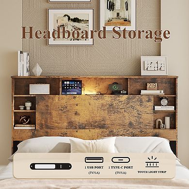 Pnronnc Wooden Platform Bed Frame with Touch LED Lights, Charging Station, Open Storage Headboard