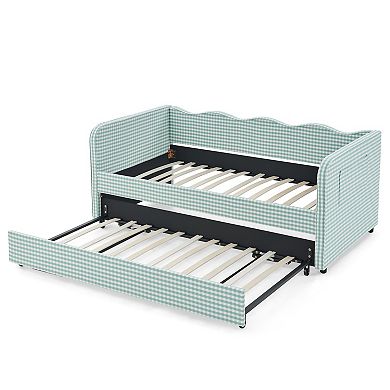 Pnronnc 3-in-1 Twin Daybed Wavy Backrest Sofa Bed Pull-Out Trundle Gingham Upholstery Side Pockets