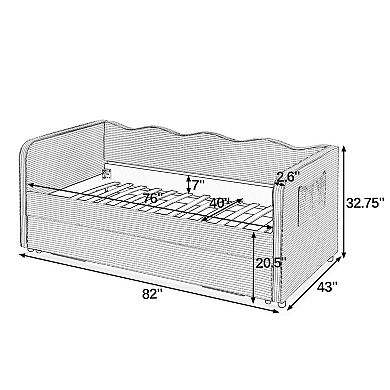 Pnronnc 3-in-1 Twin Daybed Wavy Backrest Sofa Bed Pull-Out Trundle Gingham Upholstery Side Pockets