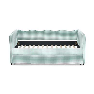 Pnronnc 3-in-1 Twin Daybed Wavy Backrest Sofa Bed Pull-Out Trundle Gingham Upholstery Side Pockets
