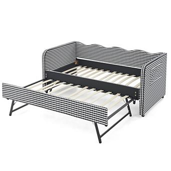 Pnronnc 3-in-1 Twin Daybed Wavy Backrest Sofa Bed Pull-Out Trundle Gingham Upholstery Side Pockets