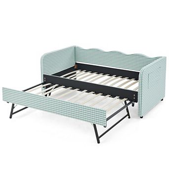 Pnronnc 3-in-1 Twin Daybed Wavy Backrest Sofa Bed Pull-Out Trundle Gingham Upholstery Side Pockets