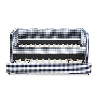 Pnronnc 3-in-1 Twin Daybed Wavy Backrest Sofa Bed Pull-Out Trundle Gingham Upholstery Side Pockets