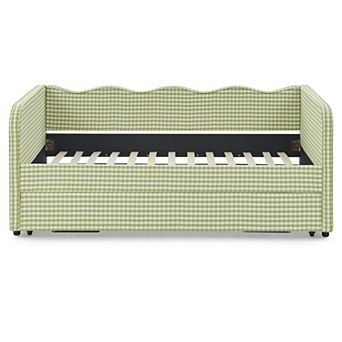 Pnronnc 3-in-1 Twin Daybed Wavy Backrest Sofa Bed Pull-Out Trundle Gingham Upholstery Side Pockets