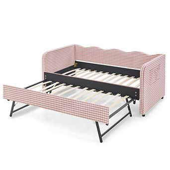 Pnronnc 3-in-1 Twin Daybed Wavy Backrest Sofa Bed Pull-Out Trundle Gingham Upholstery Side Pockets