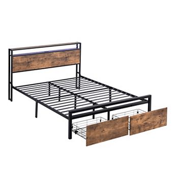 Pnronnc Metal Platform Bed Frame with LED Lights Charging Station 2 tier Storage Headboard 2 Drawers