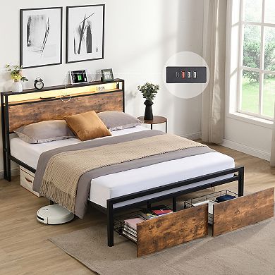Pnronnc Metal Platform Bed Frame with LED Lights Charging Station 2-Tier Storage Headboard 2 Drawers