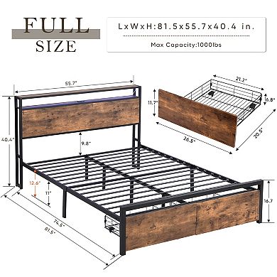 Pnronnc Metal Platform Bed Frame with LED Lights Charging Station 2-Tier Storage Headboard 2 Drawers