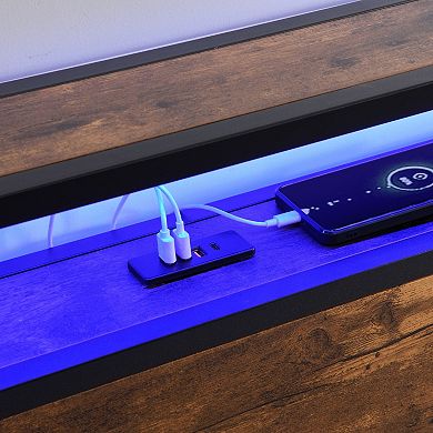 Pnronnc Metal Platform Bed Frame with LED Lights Charging Station 2-Tier Storage Headboard 2 Drawers