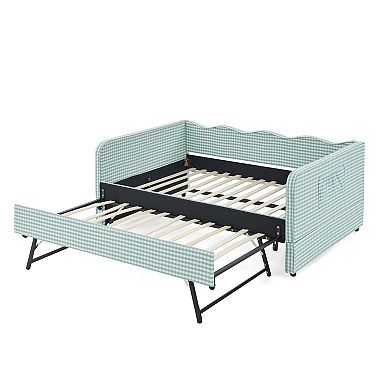 Pnronnc Full Size Daybed with Trundle Side Pockets Gingham Fabric 3-in-1 Convertible Sofa Bed