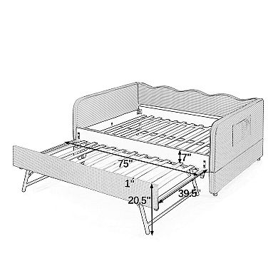 Pnronnc Full Size Daybed with Trundle Side Pockets Gingham Fabric 3-in-1 Convertible Sofa Bed