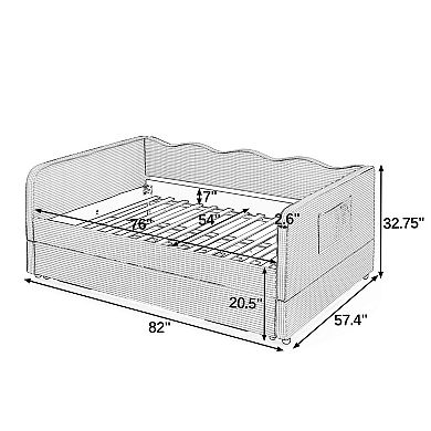 Pnronnc Full Size Daybed with Trundle Side Pockets Gingham Fabric 3-in-1 Convertible Sofa Bed