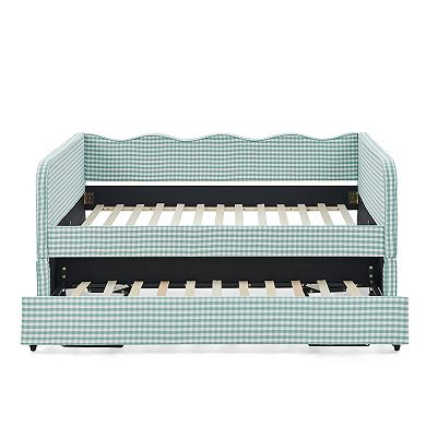 Pnronnc Full Size Daybed with Trundle Side Pockets Gingham Fabric 3-in-1 Convertible Sofa Bed