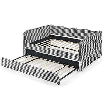 Pnronnc Full Size Daybed with Trundle Side Pockets Gingham Fabric 3-in-1 Convertible Sofa Bed