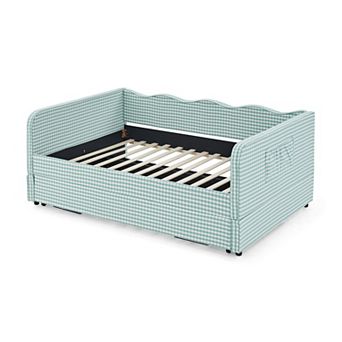 Pnronnc Full Size Daybed with Trundle Side Pockets Gingham Fabric 3-in-1 Convertible Sofa Bed
