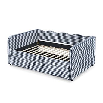 Pnronnc Full Size Daybed with Trundle Side Pockets Gingham Fabric 3-in-1 Convertible Sofa Bed
