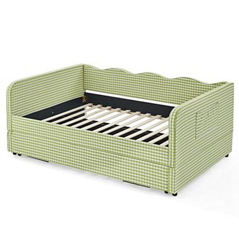 Pnronnc Full Size Daybed with Trundle Side Pockets Gingham Fabric 3-in-1 Convertible Sofa Bed