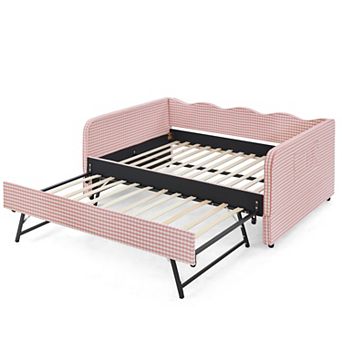 Pnronnc Full Size Daybed with Trundle Side Pockets Gingham Fabric 3-in-1 Convertible Sofa Bed
