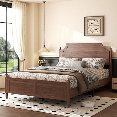 Pnronnc Wooden Platform Bed Frame with Headboard & Footboard Wood Grain Finish Central Metal Support