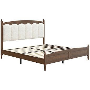 Pnronnc Wooden Platform Bed Frame with Upholstered Headboard Wood Grain Finish Central Metal Support