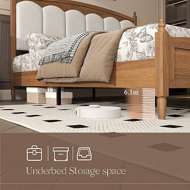 Pnronnc Wooden Platform Bed Frame with Upholstered Headboard Wood Grain Finish Central Metal Support