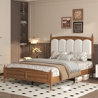Pnronnc Wooden Platform Bed Frame with Upholstered Headboard Wood Grain Finish Central Metal Support