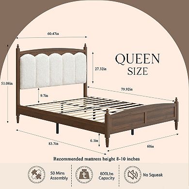 Pnronnc Wooden Platform Bed Frame with Upholstered Headboard Wood Grain Finish Central Metal Support