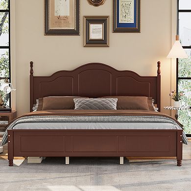 Pnronnc King Size Platform Bed Frame with Retro Wave Headboard, Wooden Slats