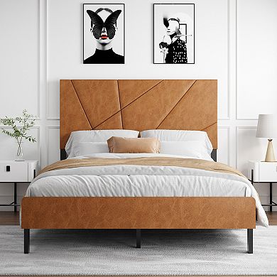 Pnronnc PU Leather Upholstered Platform Bed Frame with Headboard, Metal Frame Support
