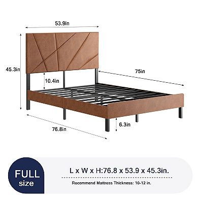 Pnronnc PU Leather Upholstered Platform Bed Frame with Headboard, Metal Frame Support