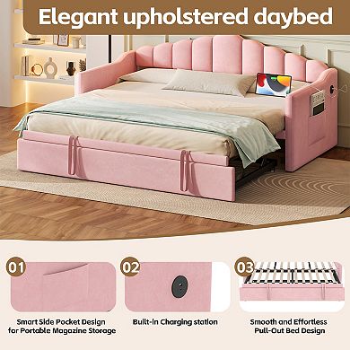 Pnronnc Upholstered Twin Daybed Frame with Pop Up Trundle, USB & Type-C Ports, Side Pockets