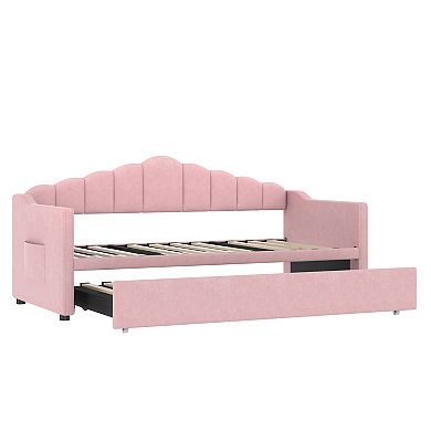 Pnronnc Upholstered Twin Daybed Frame with Pop Up Trundle, USB & Type-C Ports, Side Pockets