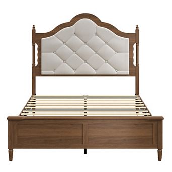 Pnronnc Wooden Platform Bed Frame with Button Tufted Upholstered Headboard, Panel Footboard