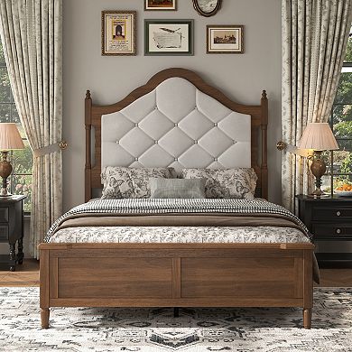 Pnronnc Wooden Platform Bed Frame with Button Tufted Upholstered Headboard, Panel Footboard