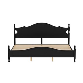 Pnronnc King Bed Frame with Wave Headboard and Footboard, Wood Slats, Retro Wooden Platform Bed