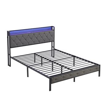 Pnronnc Metal Platform Bed Frame with Charging Station and LED Lights, Upholstered Headboard