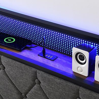Pnronnc Metal Platform Bed Frame with Charging Station and LED Lights, Upholstered Headboard