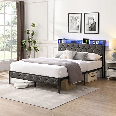 Pnronnc Metal Platform Bed Frame with Charging Station and LED Lights, Upholstered Headboard