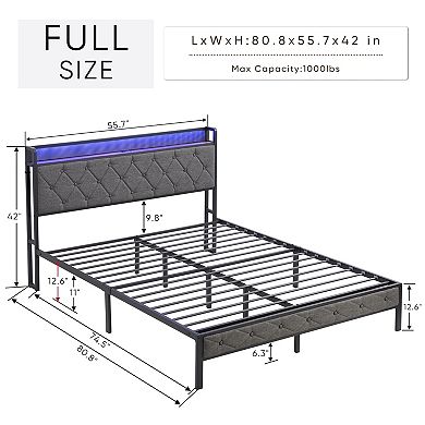 Pnronnc Metal Platform Bed Frame with Charging Station and LED Lights, Upholstered Headboard